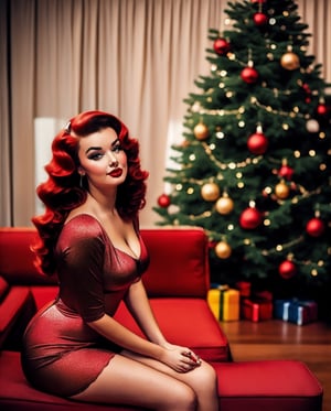 digital illustration, woman in a red dress sitting in front of a christmas tree, artgerm and gil elvgren, by , gil elvgren style, by art frahm, by ballantyne brand, konstantin razumov, ballantyne style, by lovell, pin up woman, detailed face, black granite strokes,,Ptcard,PinUp