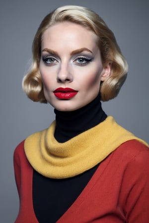 (Best quality, 8k, 32k, Masterpiece, UHD:1.2),  arafed woman with a black turtle neck and a red lipstick, photography photorealistic, portrait of a woman , taken with a canon eos 5d, real life characters, medium yellow blond hair, animatronic, dressed like in the 1940s, ,DreamOn,(PnMakeEnh)