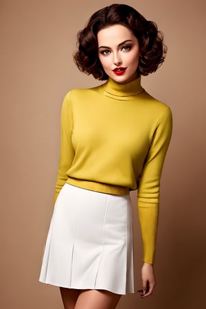 A hyper-realistic photograph captures a woman with a sleek black turtle-neck sweater, her medium yellow-blond hair styled in an elegant bob, framing her porcelain doll-like features. Her bright red lips are painted into a subtle smile, as she gazes directly at the camera. Against a warm, beige-toned background, she stands out like a ray of sunshine, dressed to the nines in 1940s attire, complete with a fitted skirt and high heels, evoking a sense of classic Hollywood glamour.,mj