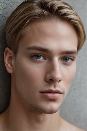 Ultra-high definition (8k) 1guy portrait of a 20-year-old blond Swedish gentleman with chiseled features and piercing blue eyes. The subject, sporting a shaved look, leans against a wall in a relaxed pose, gazing directly at the viewer with a subtle, enigmatic smile. Close-up shot captures every detail: natural, textured skin with visible pores, defined facial features, and fabric rendering that showcases intricate folds. Film grain and ray tracing enhance the image's realism. Anatomically correct rendering of the subject's physique. (MkmCut)