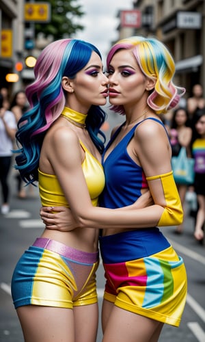 In a vibrant street scene inspired by the works of Victoria Francés, Judy Cassab, and Pia Fries, two stunning queer models lock lips in a passionate kiss. Framed against a kaleidoscope of rainbow-colored balloons and confetti, the couple's tender moment is bathed in warm sunlight with subtle golden highlights. The models' features are sharp and detailed, with sparkling yellow eyeshadow and shimmering face glitter adding to their alluring gaze. A striking blue-toned wig adorns one model's head, while the other sports a sleek, short hairdo. Both wear high heels, shorts, and a matching top with pride, as they celebrate their love amidst a backdrop of vibrant colors and confetti, symbolizing the joy and freedom of the Pride parade.,,<lora:659111690174031528:1.0>