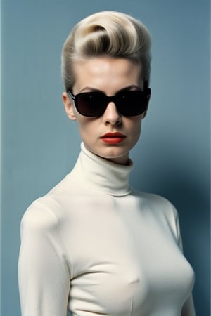 front half body Photography, in front of black wall, a punk 80's British model woman with 50's platinum haircut, in a white turtleneck dress and oversized sunglasses, frontal view, art by  salvador dali ,DreamOn,,<lora:659111690174031528:1.0>
