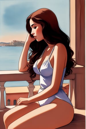 (nostalgic) (Sad), full body drawing of a 30s woman sitting at a window still,  looking at a greek town by the sea,  pretty face,  milo manara style,  milo manara h 1 2 0 0,  manara,  detailed colored face with watercolors,  anatomically correct, illiustration style of manara,  painted in watercolor,  impressive. create such great beauty with effective technique. shadows,  light,  shades of color providing depth,  all of this,  makes the illiustration art so vivid,  and exalts the female figures. it is remarkable how in this image natural scenarios that act as a background for the sensual protagonist of the illustration: water,  sun,  wind,  underline the "en plein air" impressionist vein of the bodies modeled by brushstrokes,  body lines are drawn by deep black wet watercolor,  colorized with delicate light pastel watercolors tones,  illustration is unfinished and plain white at edges of the image, Ptcard