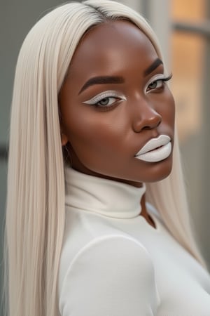 (Best quality, 8k, 32k, Masterpiece, UHD:1.2), portrait of a gorgeous afroamerican, posing for a fashion magazine white gloss lipstick, wearing a white turtleneck couture dress, white lipstick , ((Fancy white make up, white eyeshadow, long fancy eyeliner,)) face glitter, (platinum dyed straight hair), and attractive features, looking at viewer, eyes, eyelid, leashes, eyes contact, focus, depth of field, film grain, serious, ray tracing, sunset, ((contrast lipstick)), detailed natural real skin texture, perfect straight platinum dyed hairstyle ,visible skin pores, anatomically correct