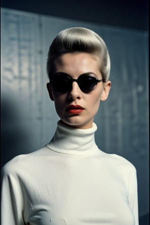 front half body Photography, in front of black wall, a punk 80's British model woman with 50's platinum haircut, in a white turtleneck dress and oversized sunglasses, frontal view, Retro Futuristic Style, Salvador Dali Utopia ,DreamOn,,<lora:659111690174031528:1.0>