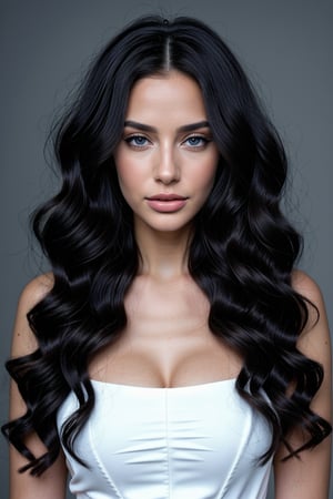 a pretty woman with gorgeous long curly black hair, very long curly wair, wearing a white dress, blue eyes, midshot picture, and attractive features,  eyes,  eyelid,  focus,  depth of field,  film grain,  ray tracing,  slim model,  anatomically correct, (Hairdress),,<lora:659111690174031528:1.0>
