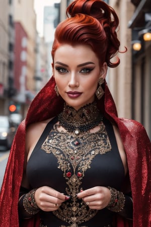 (Best quality, 8k, 32k, Masterpiece, UHD:1.2),  potrait of a gorgeous model posing for Metgala, wearing a bodysuit made of thousands of rubi stones, wearing a very very long cape made of a millions of buttons , intricated details, ripped hosiery, high heels strapped boots, ((wicked make up)), ((very long eyeliner)), (fancy crazy pompadour red hairstyle), and attractive features, looking up,  light_brown_eyes, eyelid, leashes, eyes contact,  focus, depth of field, film grain, wide open smile, ,visible skin pores, anatomically correct,(PnMakeEnh)