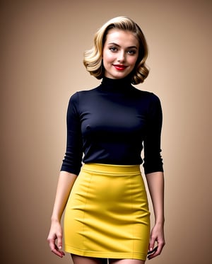 A hyper-realistic photograph captures a woman with a sleek black turtle-neck sweater, her medium yellow-blond hair styled in an elegant bob, framing her porcelain doll-like features. Her bright red lips are painted into a subtle smile, as she gazes directly at the camera. Against a warm, beige-toned background, she stands out like a ray of sunshine, dressed to the nines in 1940s attire, complete with a fitted skirt and high heels, evoking a sense of classic Hollywood glamour.,mj,<lora:659111690174031528:1.0>