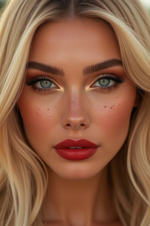 (Best quality, 8k, 32k, Masterpiece, UHD:1.2), wide Open shot of a Gorgeous woman with freckles on her face, modeling at a grass field, detailed face with red lips, beauty retouch, long eyeliner, perfect face details, summer dress, gradient blush, richly defined face, gradient golden eye shadows, and false lashes, detailed eyebrows, professional retouch, eyes and lips, features, thick red lips, hint of freckles, red lips, detailed natural real skin texture, perfect straigth blonde hair, realistic blue eyes, visible skin pores, anatomicaly correct