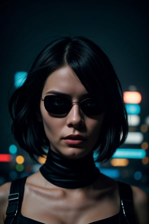 In a dimly lit, neon-lit cityscape at dusk, a stunning cyberpunk girl poses for a close-up shot. Wearing sleek, dark sunglasses, her gaze is enigmatic and alluring. The camera frames her beautiful face with a shallow depth of field, emphasizing the futuristic sheen on her skin and the delicate lines of her features. A blend of retro and modern styles, reminiscent of Beeple's digital artistry, merges with the cyberpunk aesthetic to create a captivating portrait. Her eyes gleam like polished chrome as she seems to beckon us into her world of high-tech dreams.,<lora:659111690174031528:1.0>