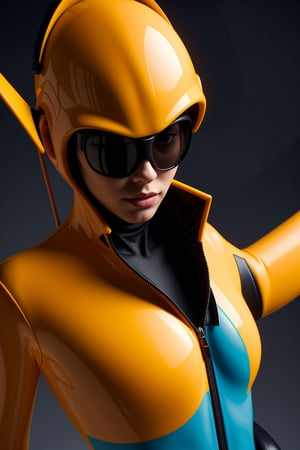 (Best quality, 8k, 32k, Masterpiece, UHD:1.2),  a close up of a person wearing WinAmp sunglasses, retro futuristic, 3D render, orange blue neon, inside a tight plastic suit DreamOn,<lora:659111690174031528:1.0>