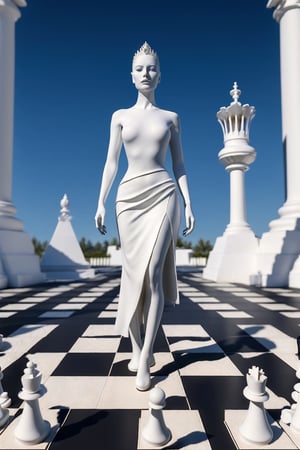 (Best quality, 8k, 32k, Masterpiece, UHD:1.2),   a woman, living chess Queen standing in a chessboard, 3D art, White Queen, UnrealEngine,  DreamOn