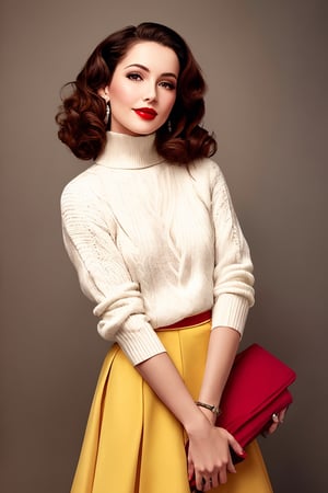 A hyper-realistic photograph captures a woman with a sleek black turtle-neck sweater, her medium yellow-blond hair styled in an elegant bob, framing her porcelain doll-like features. Her bright red lips are painted into a subtle smile, as she gazes directly at the camera. Against a warm, beige-toned background, she stands out like a ray of sunshine, dressed to the nines in 1940s attire, complete with a fitted skirt and high heels, evoking a sense of classic Hollywood glamour.,mj