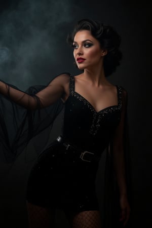 Full shot of a white pale woman dressed in a black, vintage-inspired dress. 


The woman has dark, wavy hair styled in a 1940s fashion, and is wearing dark makeup with bold, red lipstick. She is posing with one hand extended, as if gesturing or holding something; long, red nails are visible.  


The dress has a fitted bodice with rhinestones or small crystals scattered across it.  A black belt accentuates her waist.  The skirt of the dress is slightly flared and has a high slit on one side, revealing fishnet stockings underneath.  The sleeves of the dress are long, flowing, and sheer/transparent, in a style suggestive of vintage attire.  The overall impression is of a dark, dramatic, and stylized depiction of a femme fatale or a character from a movie or stage production.


The background is dark and smoky, creating a dramatic effect that draws attention to the woman. The lighting highlights her features and dress, placing her in sharp contrast against the smoke-filled area.