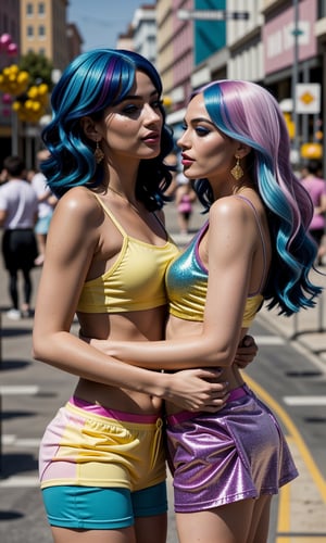 In a vibrant street scene inspired by the works of Victoria Francés, Judy Cassab, and Pia Fries, two stunning queer models lock lips in a passionate kiss. Framed against a kaleidoscope of rainbow-colored balloons and confetti, the couple's tender moment is bathed in warm sunlight with subtle golden highlights. The models' features are sharp and detailed, with sparkling yellow eyeshadow and shimmering face glitter adding to their alluring gaze. A striking blue-toned wig adorns one model's head, while the other sports a sleek, short hairdo. Both wear high heels, shorts, and a matching top with pride, as they celebrate their love amidst a backdrop of vibrant colors and confetti, symbolizing the joy and freedom of the Pride parade.,<lora:659111690174031528:1.0>