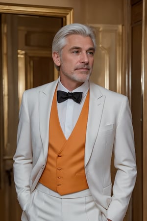 A suave figure, 50 years young with wispy white hair framing his distinguished features, stands tall ,The soft orange hue of evening's twilight casts a flattering glow on his chiseled face, while long shadows dance across his broad shoulders, accentuating the perfect cut of his elegant tuxedo.