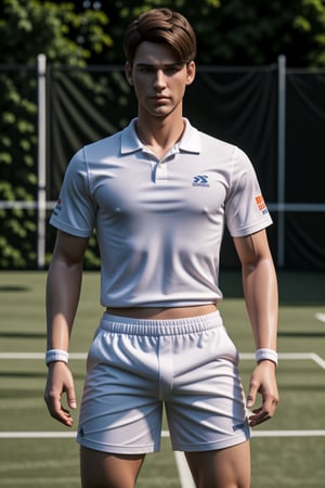 (Best quality, 8k, 32k, Masterpiece, UHD:1.2), a plastic male, tennis player doll wearing white shirt, white shorts, male plastic doll, standing in a tennis court, plastic joints, hyper-realistic cg, unreal engine, , DollMe,,,,,<lora:659111690174031528:1.0>