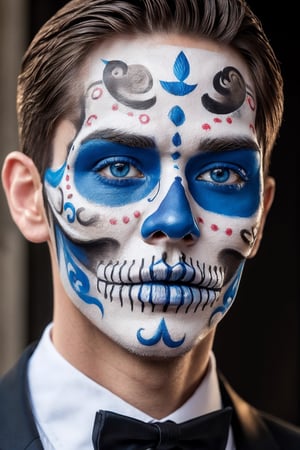 (Best quality, 8k, 32k, Masterpiece, UHD:1.2),  1guy, a close up of a man with skull face paint, dia de los muertos, skull paint, portrait of a sugar skull, dia de los muertos makeup, wearing a fancy tuxedo, detailed face and body, masculine face, masculine features, rugged textured face, detailed perfect face, face retouched, light blue eyes, realistic portrait photo, high quality portrait, and attractive features, eyes, eyelid,  focus, depth of field, film grain, ray tracing, detailed fabric rendering, detailed natural real skin texture, visible skin pores, anatomically correct, Catrin
