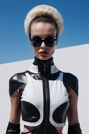(Best quality, 8k, 32k, Masterpiece, UHD:1.2),  a woman in a black and white outfit and sunglasses, fashionable futuristic woman, style of ian hubert, strong lines and bold colors, futuristic sci-fi fashion, futuristic fashion clothing, andrei riabovitchev symmetrical, clemens ascher, futurisitc sunglasses, editorial fashion photography, retro futurist style, retro futuristic fashion, fashionable cyberpunk mechanoid, 4k fashion shoot (PnMakeEnh), DreamOn