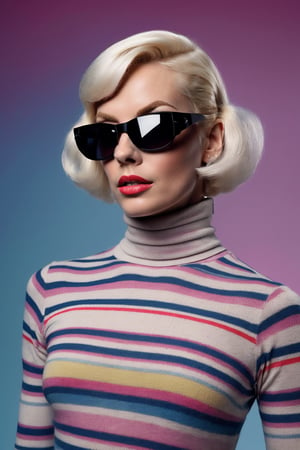 (Best quality, 8k, 32k, Masterpiece, UHD:1.2),  a woman with white blonde hair wearing a colorful turtleneck dress, fine art fashion photography, style = retro-futurism, fashionable futuristic woman, retro futuristic fashion, colorful geometric pattern, young blonde woman, beautiful futuristic hair style, pop art patterns, sleek blond hair, fashion photography portrait, retro futuristic style, retro futurist style sunglasses, retro 60s fashion, strike a pose,(PnMakeEnh), DreamOn