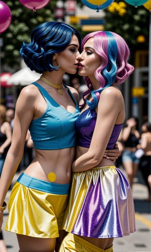 In a vibrant street scene inspired by the works of Victoria Francés, Judy Cassab, and Pia Fries, two stunning queer models lock lips in a passionate kiss. Framed against a kaleidoscope of rainbow-colored balloons and confetti, the couple's tender moment is bathed in warm sunlight with subtle golden highlights. The models' features are sharp and detailed, with sparkling yellow eyeshadow and shimmering face glitter adding to their alluring gaze. A striking blue-toned wig adorns one model's head, while the other sports a sleek, short hairdo. Both wear high heels, shorts, and a matching top with pride, as they celebrate their love amidst a backdrop of vibrant colors and confetti, symbolizing the joy and freedom of the Pride parade.,,<lora:659111690174031528:1.0>