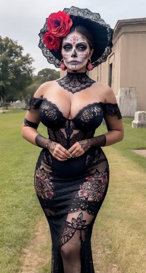 (Best quality, 8k, 32k, Masterpiece, UHD:1.2), Photo of a woman in Catrina Makeup, (black body paint),(black airbrush), (body paint black), black tight lace gown), dia de los muertos, make up, red, black makeup, emulating a skull, ornamental stones in face, double eyelid, natural saggy medium breasts, cleavage, wide hips, long-legged, thick body, tall stature, mature female, bare shoulders, floral catrina print, orange catrina print dress, high heels, full body, looking at viewer, faint smile, eyes contact, thighs focus, cemetary, huge dia de muertos background, depth of field, film grain, ray tracing, detailed dark brown eyes, detailed facial, detailed natural real skin texture, visible skin pores, detailed fabric rendering, anatomically correct, Catrina,(PnMakeEnh)