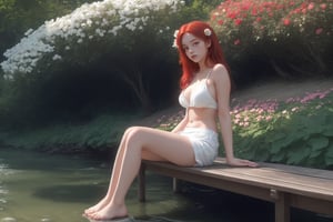 Generates an illustration of a white girl with thick, waist-length red hair. The girl is dressed in a summer outfit, which consists of having no clothing on the upper part of the body and semi-transparent white shorts. She is sitting relaxed on a wooden bench on the bank of a calm shallow river. As a background, there is a beautiful garden filled with colorful flowers in full bloom. The sky is clear and a soft glow from the sun can be seen. To add a special touch, place a red rose in the girl's hair, near her ear.