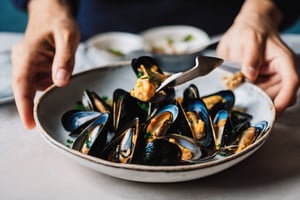 a mussel on a plate, view from up, a human hand with a fork