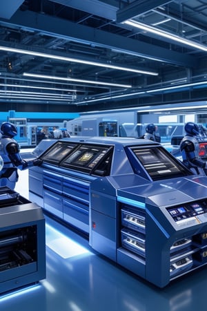 A futuristic modern factory interior with sleek, metallic robots working efficiently. The robots are in various poses, some assembling products, others inspecting details. The scene is well-lit with cool, artificial lighting, highlighting the precision and technology. The composition is dynamic, capturing the movement and collaboration of the robots. The background shows advanced machinery and conveyor belts, emphasizing the high-tech environment.