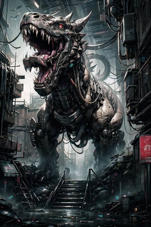 Realistic, futuristic, 8K, high_resolution, cinematic, (detailed:1.5),city , cyberpunk background, future, external light, roar, metal claw,mechanical buddy universe,destruction, In the dystopian realm of the future, Jurassic Park stands as a haunting testament to humanity's unchecked technological hubris. Within its foreboding borders, the primal roar of the T-Rex now resonates with a mechanical undertone, a chilling symphony of nature and machine intertwined. This once mighty predator, the apex of prehistoric terror, has been transformed into a cybernetic monstrosity, its massive form adorned with gleaming biomechanical enhancements. As its scaled hide peels away, a labyrinth of circuitry is unveiled, a heart of vengeful machinery forged from resentment and animosity. In the glare of its crimson eyes, the T-Rex's gaze burns with a cold, calculated fury, a testament to the triumph of dark ambitions over the sanctity of nature.

