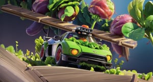 (high_res, masterpiece, (cinematic camera angle):1.6), (anthropomorphic vegetables:1.5), green mage dress ), vegetables competing in a race, racing car made from vegetable, intense race, ((racing track)), (vegetables running) no_humans, dress, detailed_background, 3d rendering,  forests, stadium, buch of contestant, drifting, 