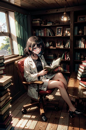 1female, cinematic lighting, movie angle shot, beautiful women researcher sit on chair reading a book, a lot of book on background, sunlight, stack of books, white lab coat, anime style, she focused on reading, messy room, hyper detailed, wooden chir, wooden_floor, wooden room ,perfecteyes, glasses, reading book, lookingat book