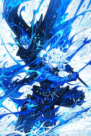 1male, 16k, hd, detailed, futuristic, masterpiece,katana,samurai, detailed face, complex_background,no_humans, detailed face, beautiful detailed eyes), High contrast, (best illumination, an extremely delicate and beautiful),dynamic pose, warzone,holding flaming sword, blue flames, glow, glowing weapon, light particles, long white hair, BLUE  FIRE, 