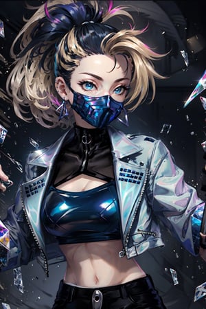 (masterpiece, best quality, highres), detailed, 1girl, mask, long_ponytail, cool pose, akali, r, jewelry, fingerless gloves, midriff, earrings, (two-tone hair, black hair,blonde hair) full_body, open jacket, black gloves, simple background, holding dagger, ,Detailedface,  detailed face, blue eyes 