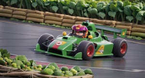 (high_res, masterpiece, (cinematic camera angle), (anthropomorphic vegetables:1.5), green mage dress ), vegetables competing in a gokart race, racing car made from vegetable, intense race, ((racing track):1.6),speed effect, burnout effect, no_human,complex_background, 3d rendering,  forests, stadium, buch of contestant, drifting, ,3DMM, cool camera angle, vegetables