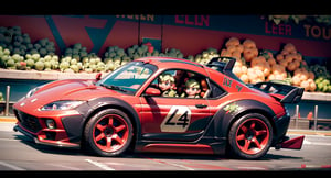 (high_res, masterpiece, (cinematic camera angle), (anthropomorphic vegetables:1.5), green mage dress ), vegetables competing in a gokart race, racing car made from vegetable, intense race, ((racing track):1.6),speed effect, burnout effect, no_human,complex_background, 3d rendering,  forests, stadium, buch of contestant, drifting, ,3DMM, cool camera angle, vegetables