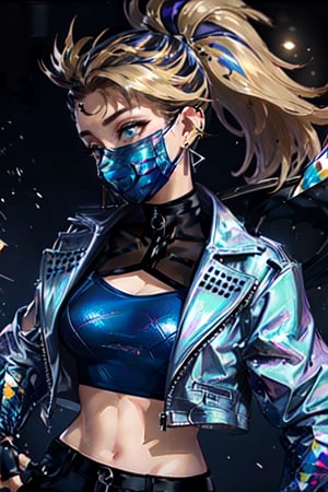 (masterpiece, best quality, highres), detailed, 1girl, mask, long_ponytail, Awesome, akali, jewelry, fingerless gloves, midriff, earrings, (two-tone hair, black hair,blonde hair) full_body, open jacket, black gloves, simple background, holding dagger, ,Detailedface,  detailed face, blue eyes 