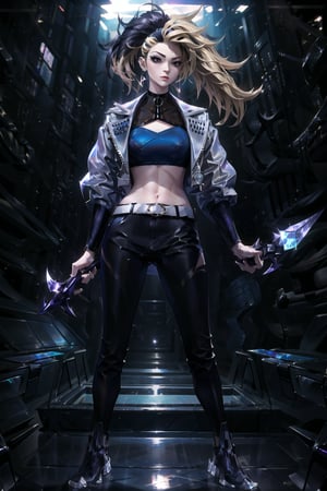 (masterpiece, best quality, highres), detailed, 1girl, , long_ponytail, cool pose, akali, jewelry, fingerless gloves, midriff, earrings, (two-tone hair, black hair,blonde hai) full_body, open jacket, black gloves, simple background, holding dagger, ,Detailedface,  