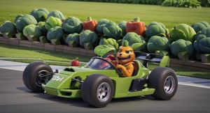 (high_res, masterpiece, ), (anthropomorphic vegetables:1.5), green mage dress ), vegetables competing in a race, racing car made from vegetable, intense race, ((racing track)), (vegetables running) no_humans, dress, detailed_background, 3d rendering,  forests, stadium