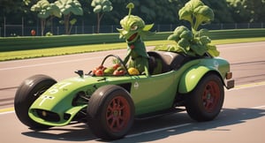 (high_res, masterpiece, ), ((mage):1.5) ,(long loose hair):1,6, cute pose, plant mage,(anthropomorphic vegetables:1.5), green mage dress ), vegetables competing in a race, racing car, intense race, ((racing track)), (vegetables running) no_humans, dress, detailed_background, 3d rendering, wizard cloak, forests, stadium