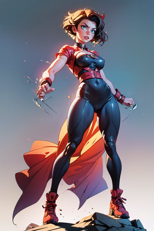 beautiful girl as wolverine, crazy, angry girl, full body, standing, action pose, (curvy body), (strong musuclar legs) , (defined body), medium boobs, dressed as ((wolverine)) Yellow and black clothes  , (blades in knuckles) , short hair , highly detailed light blue eyes, facility background, extremely detailed, center image, bright sides , masterpiece