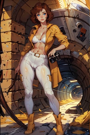 April O'neil, 1girl, short brown hair, blue eyes, (smile) , upper body, (freckes) , (cleavage) , (pale sking)  , oily skin, yellow jumpsuit, detailed white boots , (big breasts:0.7) , (curvy body) , (thick thighs:0.5) ,  sleeves rolled up, white belt , cameltoe,  (high res) ,(masterpiece:1,2) , (best quality) , (inside sewage) , (dark tunnel scene)  ,(athletic body ) ,  (sewage background:1.2) , (RAW photo, photorealistic:1.4), (little turtles around) ,  absurdres  , (holding a camera) , SAM YANG