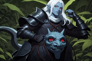 role play game, DND, male drow elf with blue skin, long white hair, art of berserk 1997, hd, 4k,full cloth armor, in a jungle full of dinosaurs, full chainmail armor, basic leather armor, red eyes, riding dinosaurs