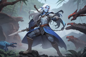 role play game, DND, only 1 character,male drow elf with blue skin, long white hair, art of lineage 2, long big sword in the right hand, hd, 4k, in a jungle full of dinosaurs, basic chainmail, red eyes, wide angle vision, dinosaurs at background, mountains in the background, dinosaurs attacking