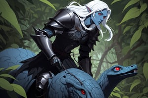 role play game, DND, male drow elf with blue skin, long white hair, art of berserk 1997, hd, 4k,full cloth armor, in a jungle full of dinosaurs, full chainmail armor without shoulderplates, basic leather armor, red eyes, riding dinosaurs, wide image, ultra angular, panoramic,