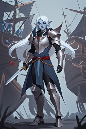 role play game, DND, drow elf with blue skin , muscled, fullbody, long white hair, with sword like berserk, hd, 4k, fullplate black and red armor, in a pirate ship, red eyes, first plane, spikes in the armor, level 1 basic clothes