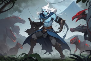 role play game, DND, only 1 character,male drow elf with blue skin, long white hair, art of lineage 2, long big sword in the right hand, hd, 4k, in a jungle full of dinosaurs, basic chainmail, red eyes, wide angle vision, dinosaurs at background, mountains in the background, dinosaurs attacking