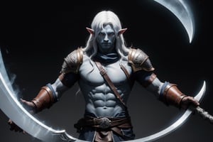 Drow elf male warrior, with long white hair, blue skin, leather armor, grabbing a longsword, wallpaper, red eyes, panoramic view, 4k, 8k