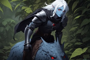 role play game, DND, male drow elf with blue skin, long white hair, art of berserk 1997, hd, 4k,full cloth armor, in a jungle full of dinosaurs, full chainmail armor without shoulderplates, basic leather armor, red eyes, riding dinosaurs