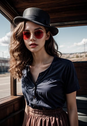 red sunglasses.New Look .Long curly hair.1950s European and American hats.gorgeous female.Floor length skirt.looking at viewer, portrait, photography, detailed skin, realistic, photo-realistic, 8k, highly detailed, full length frame, High detail RAW color art, piercing, diffused soft lighting, shallow depth of field, sharp focus, hyperrealism, cinematic ,chuuChloe,aunt cass